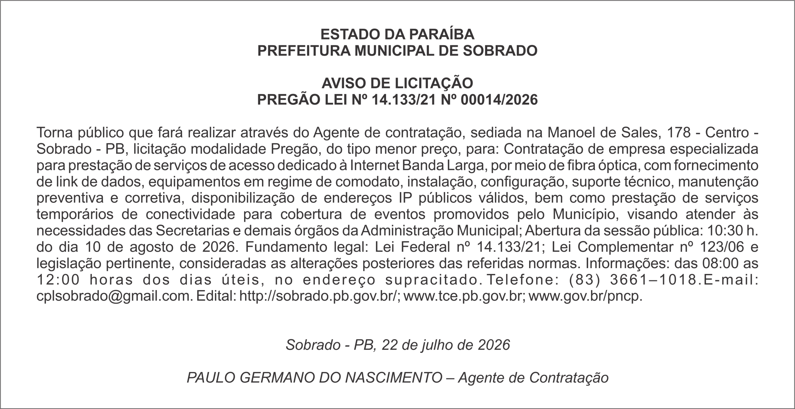 PREFEITURA MUNICIPAL DE SOBRADO – AVISO DE LICITAÇÃO PREGÃO LEI Nº 14.133/21 Nº 00014/2026