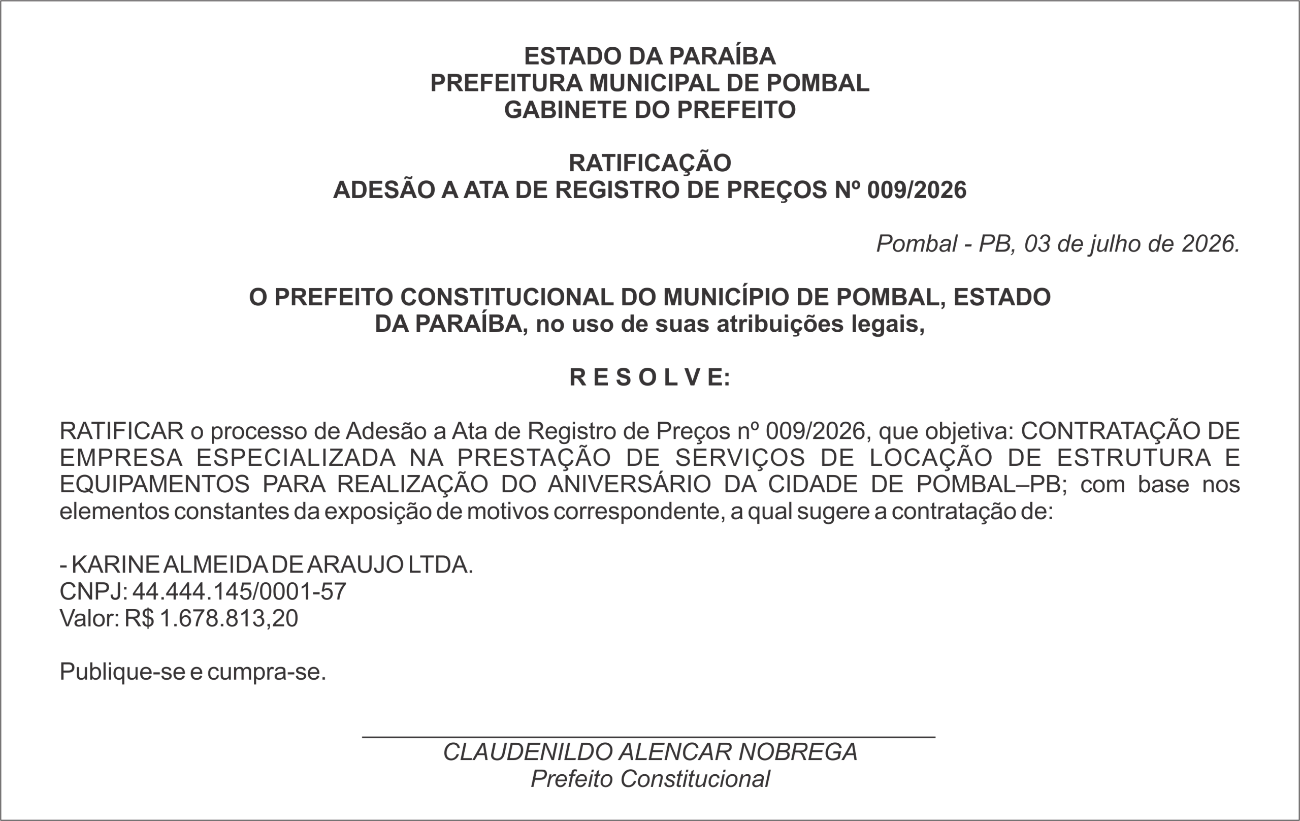 PREFEITURA MUNICIPAL DE POMBAL – RATIFICAÇÃO  ADESÃO A ATA DE REGISTRO DE PREÇOS Nº 009/2026