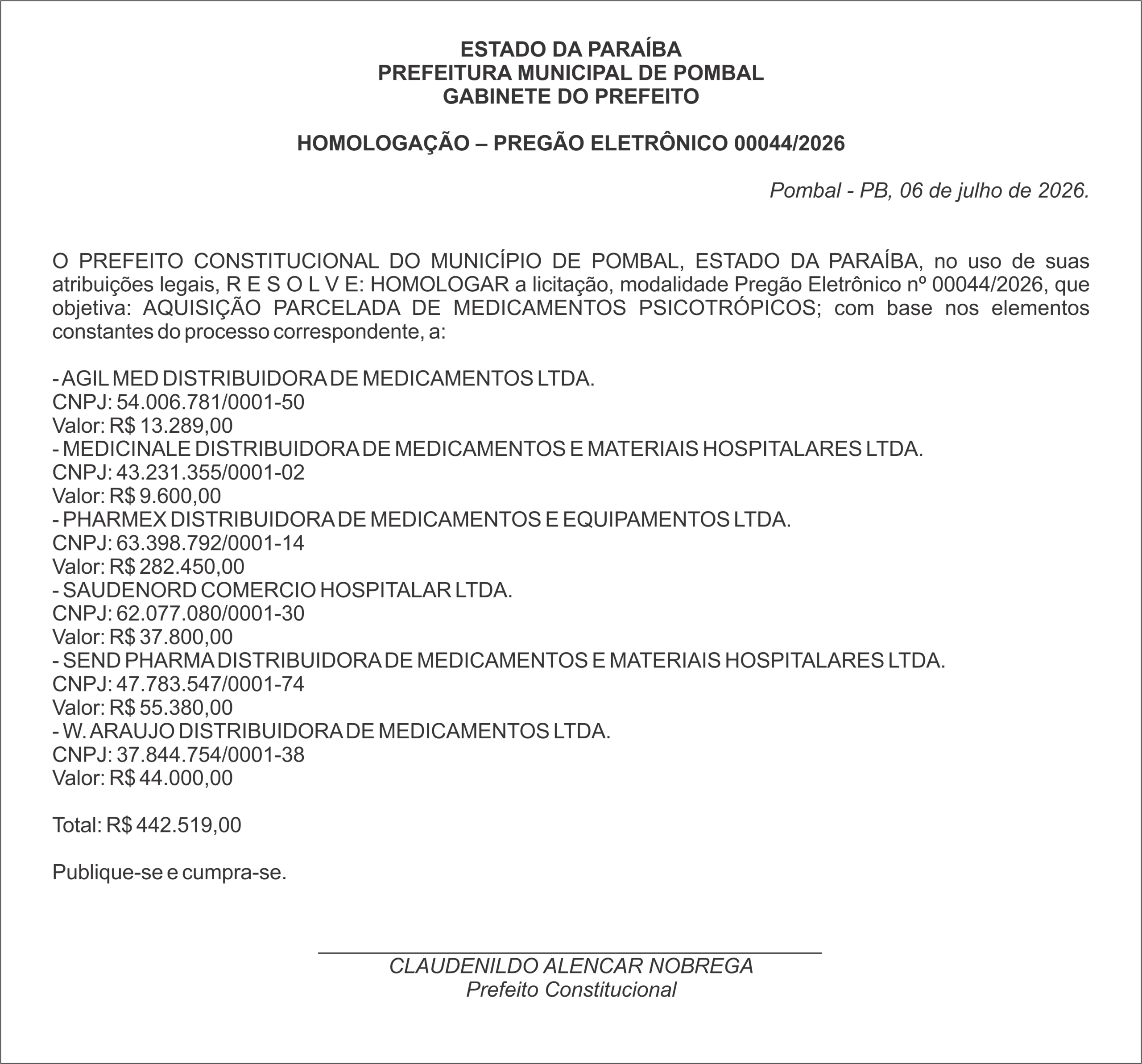PREFEITURA MUNICIPAL DE POMBAL – HOMOLOGAÇÃO – PREGÃO ELETRÔNICO 00044/2026