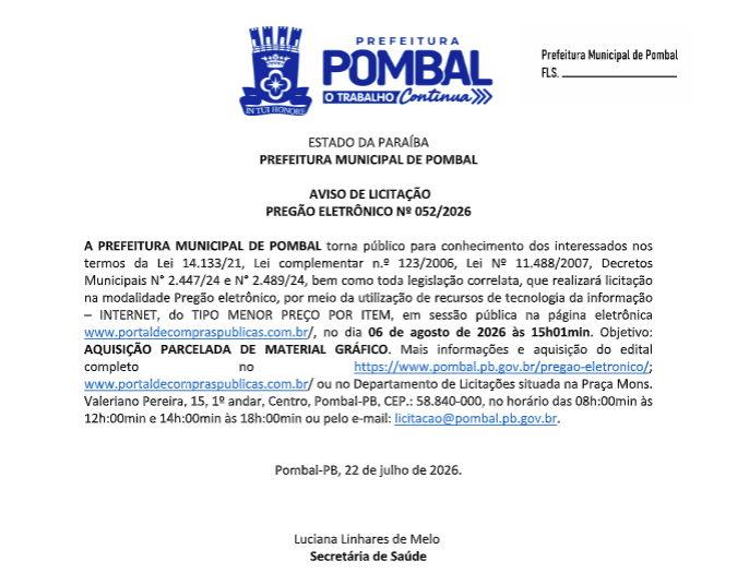 PREFEITURA MUNICIPAL DE POMBAL – AVISO DE LICITAÇÃO – PREGÃO ELETRÔNICO Nº 052/2026