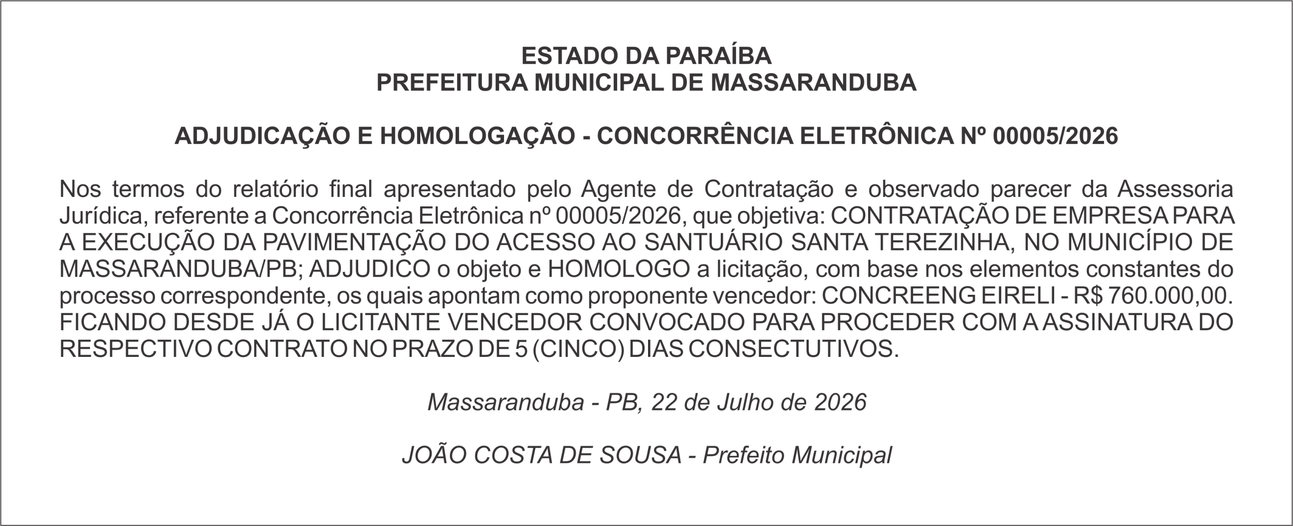 PREFEITURA MUNICIPAL DE MASSARANDUBA – ADJUDICAÇÃO E HOMOLOGAÇÃO – CONCORRÊNCIA ELETRÔNICA Nº 00005/2026