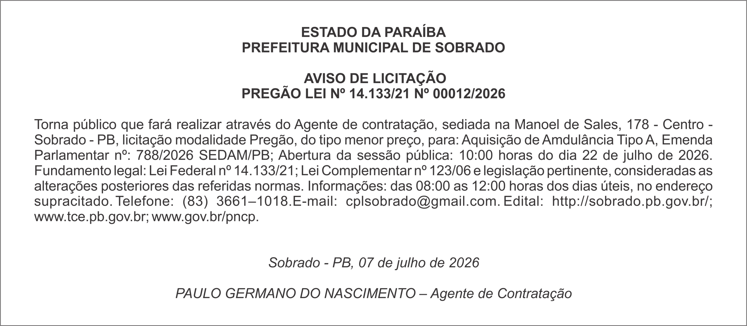 PREFEITURA MUNICIPAL DE SOBRADO – AVISO DE LICITAÇÃO – PREGÃO Nº 00012/2026