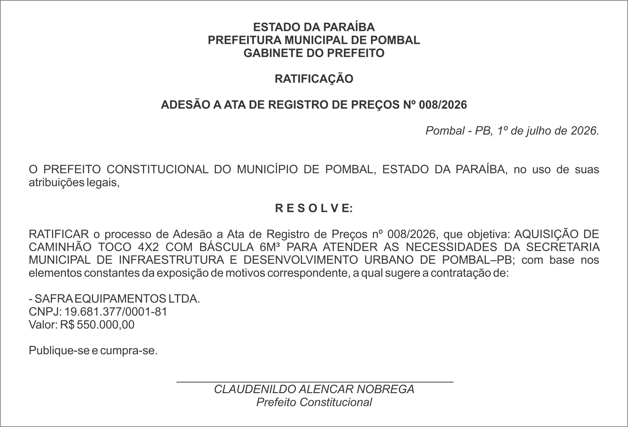 PREFEITURA MUNICIPAL DE POMBAL – RATIFICAÇÃO  ADESÃO A ATA DE REGISTRO DE PREÇOS Nº 008/2026
