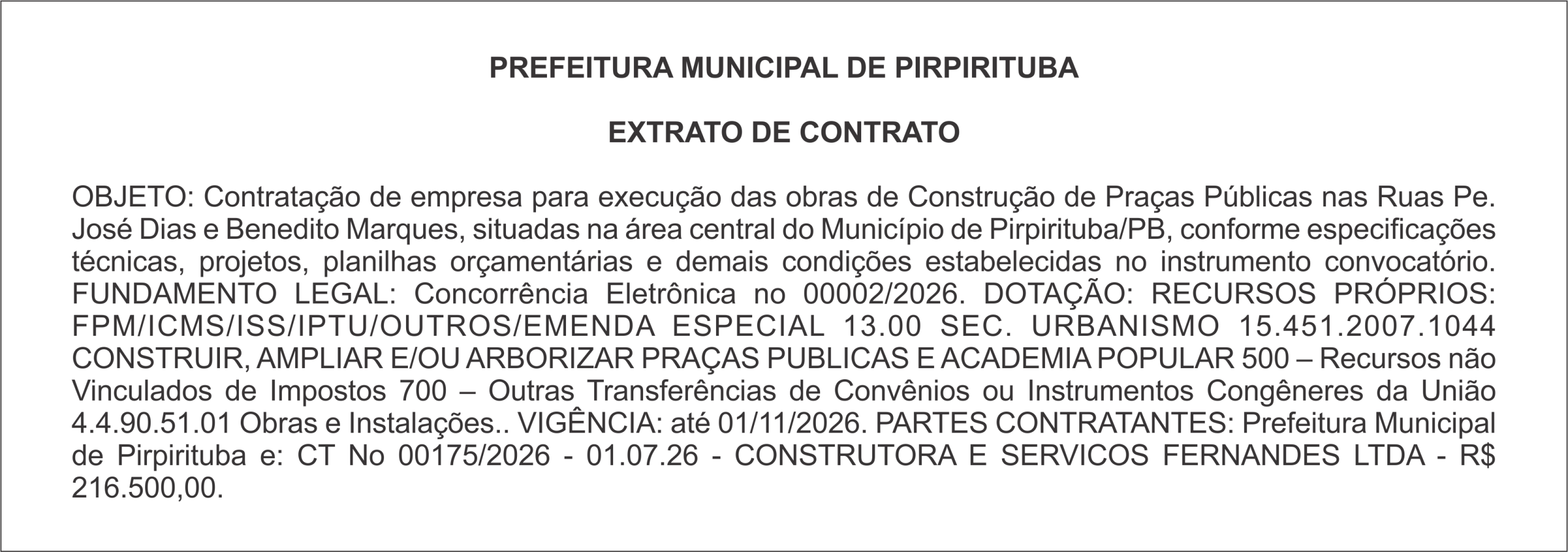 PREFEITURA MUNICIPAL DE PIRPIRITUBA – EXTRATO DE CONTRATO