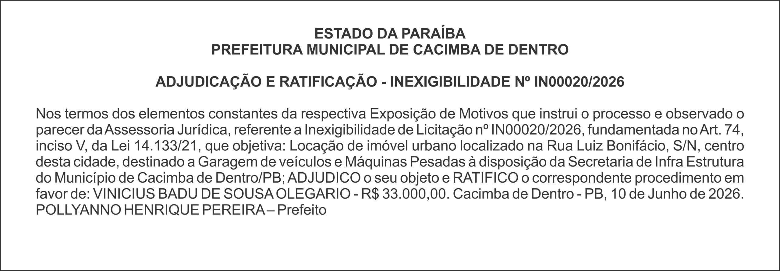 PREFEITURA MUNICIPAL DE CACIMBA DE DENTRO – ADJUDICAÇÃO E RATIFICAÇÃO – INEXIGIBILIDADE Nº IN00020/2026
