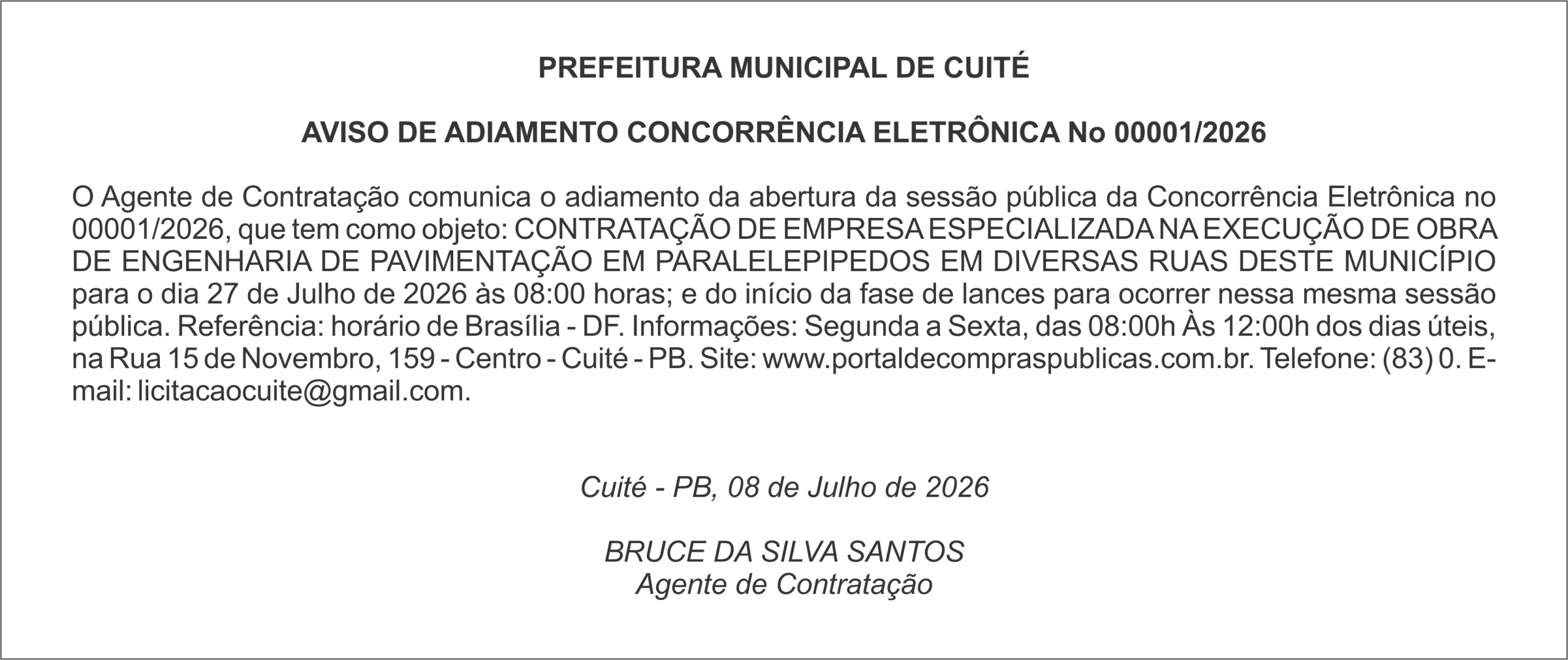 PREFEITURA MUNICIPAL DE CUITÉ – AVISO DE ADIAMENTO – CONCORRÊNCIA ELETRÔNICA No 00001/2026