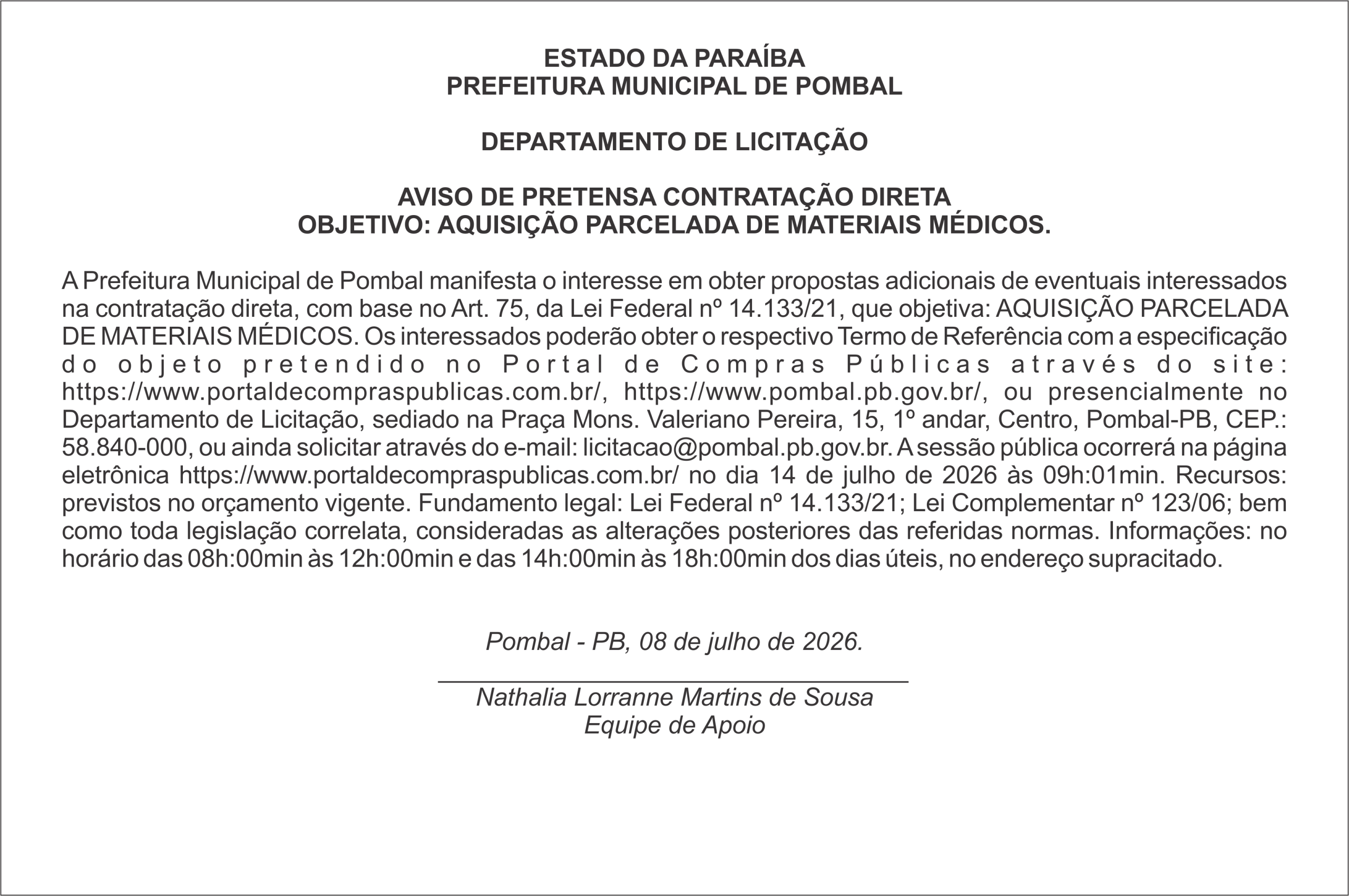 PREFEITURA MUNICIPAL DE POMBAL – AVISO DE PRETENSA CONTRATAÇÃO DIRETA
