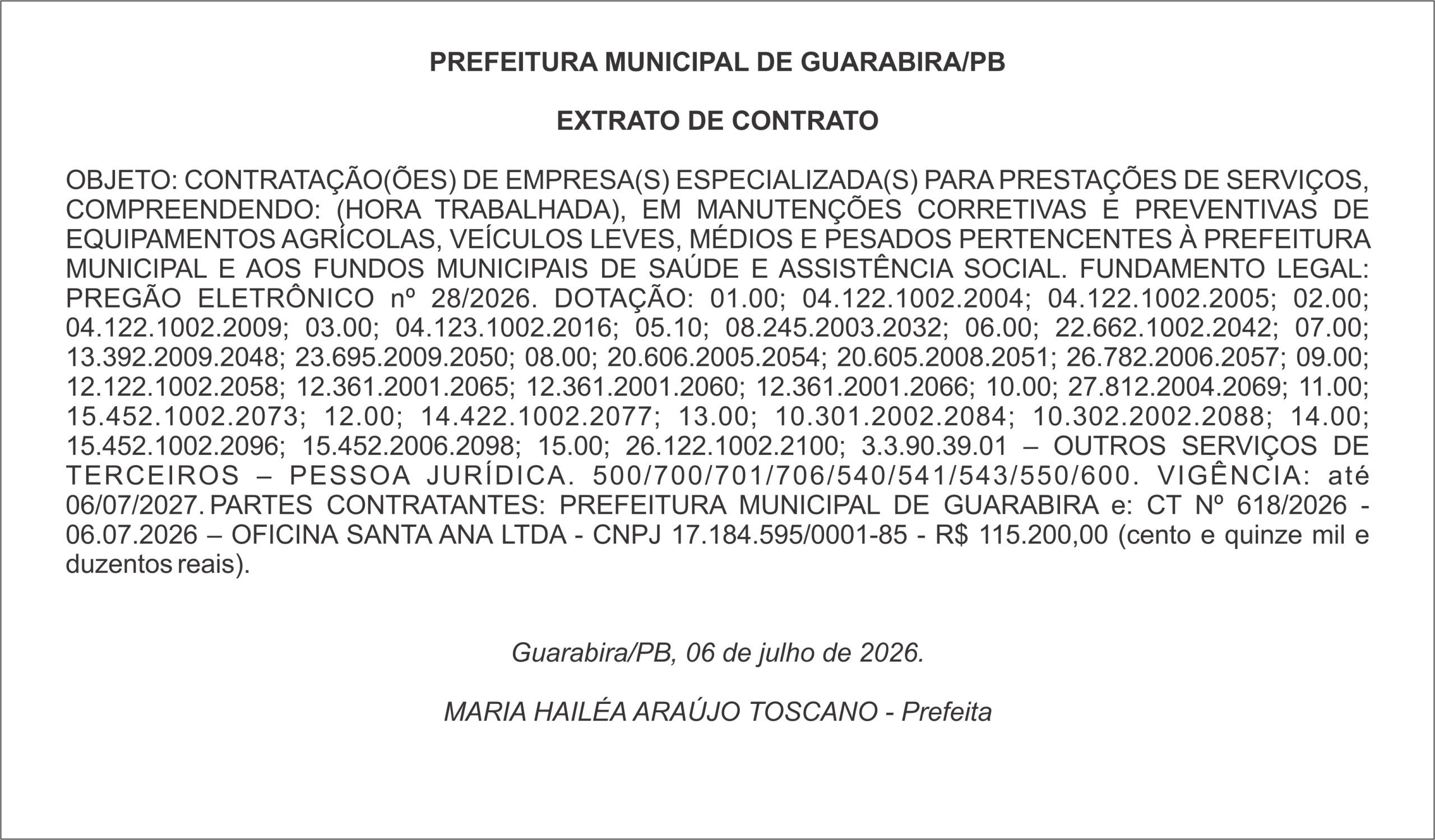 PREFEITURA MUNICIPAL DE GUARABIRA/PB – EXTRATO DE CONTRATO