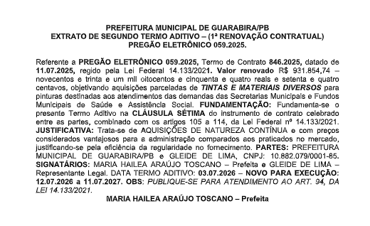PREFEITURA MUNICIPAL DE GUARABIRA/PB – EXTRATO DE SEGUNDO TERMO ADITIVO – (1ª RENOVAÇÃO CONTRATUAL) – PREGÃO ELETRÔNICO 059.2025.