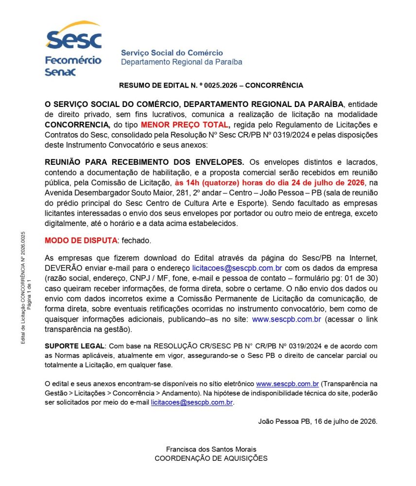 SESC – RESUMO DE EDITAL N. º 0025.2026 – CONCORRÊNCIA
