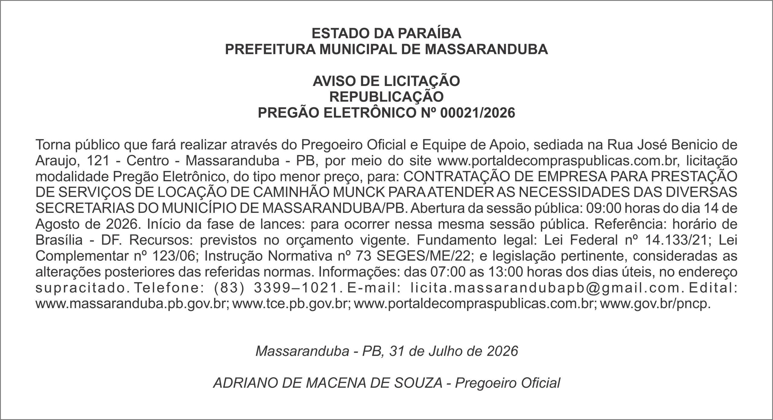 PREFEITURA MUNICIPAL DE MASSARANDUBA – AVISO DE LICITAÇÃO PREGÃO ELETRÔNICO Nº 00021/2026