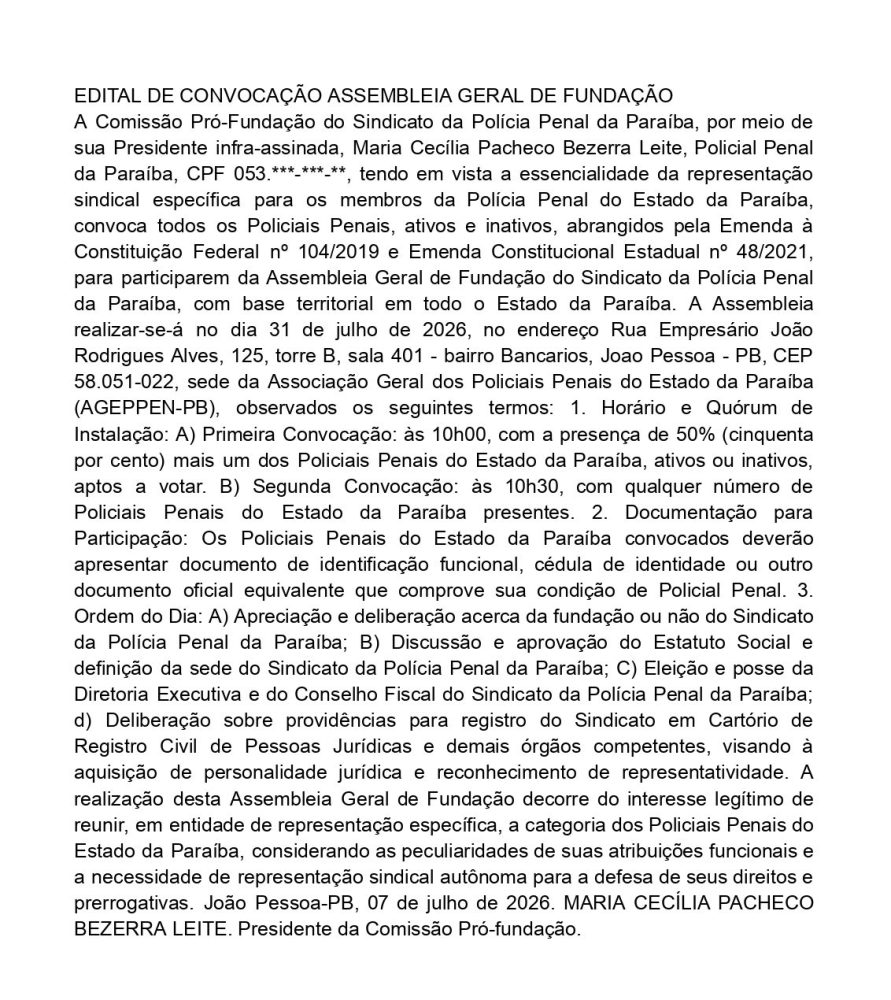 COMISSÃO PRÓ-FUNDAÇÃO DO SINDICATO DA POLÍCIA PENAL DA PARAÍBA