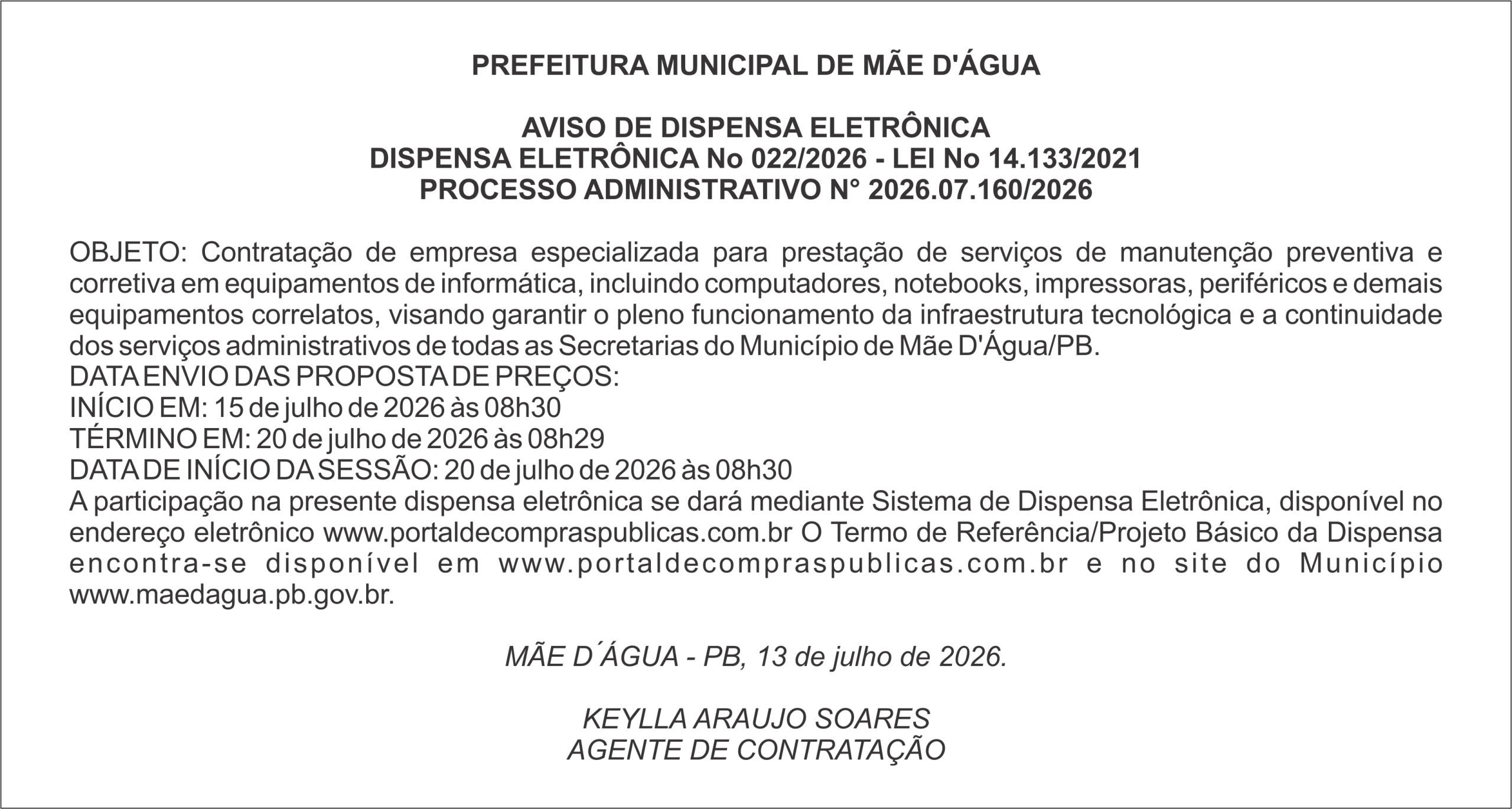 PREFEITURA MUNICIPAL DE MÃE D’ÁGUA – AVISO DE DISPENSA ELETRÔNICA – DISPENSA ELETRÔNICA No 022/2026