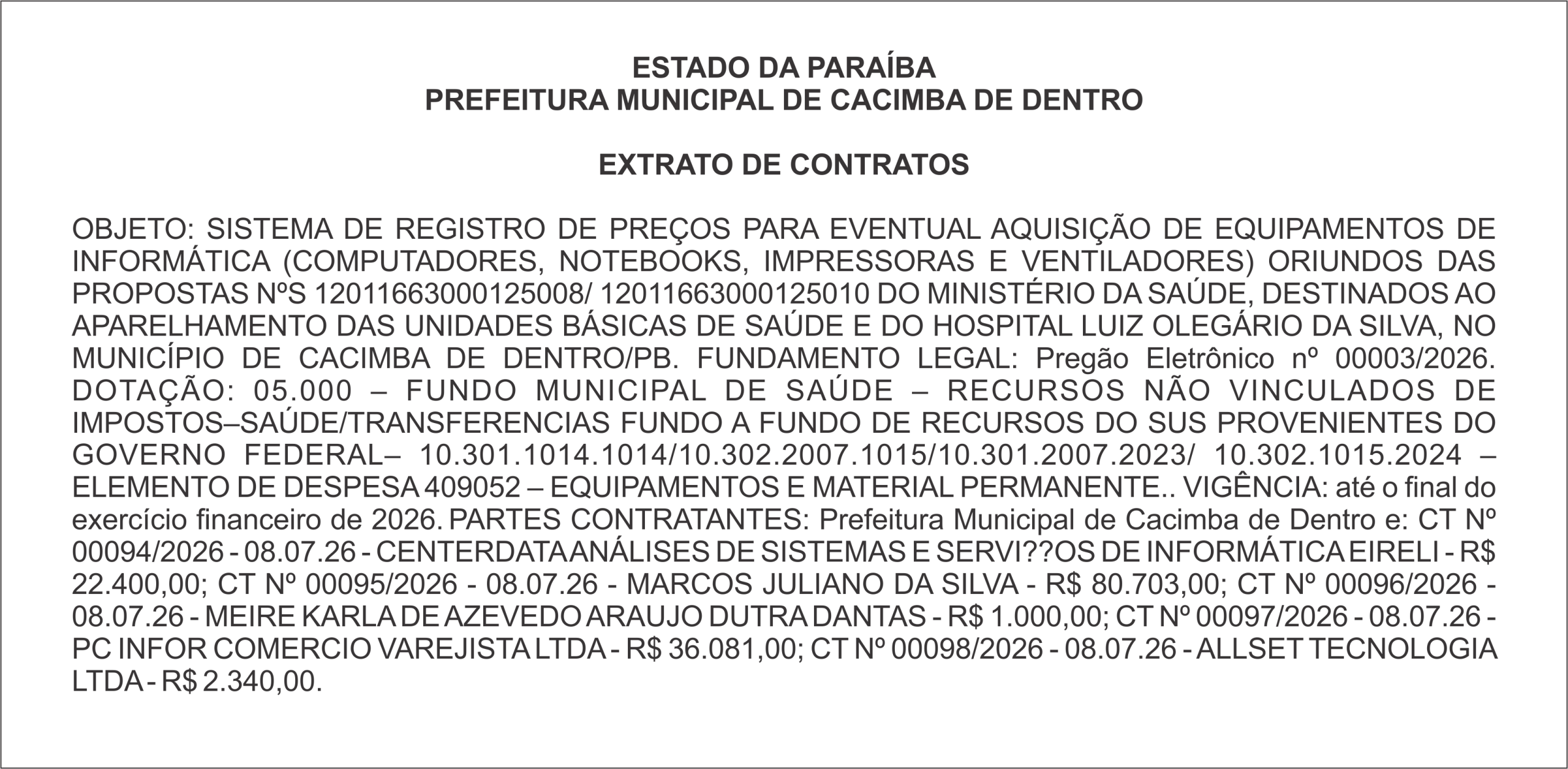 PREFEITURA MUNICIPAL DE CACIMBA DE DENTRO – EXTRATO DE CONTRATOS