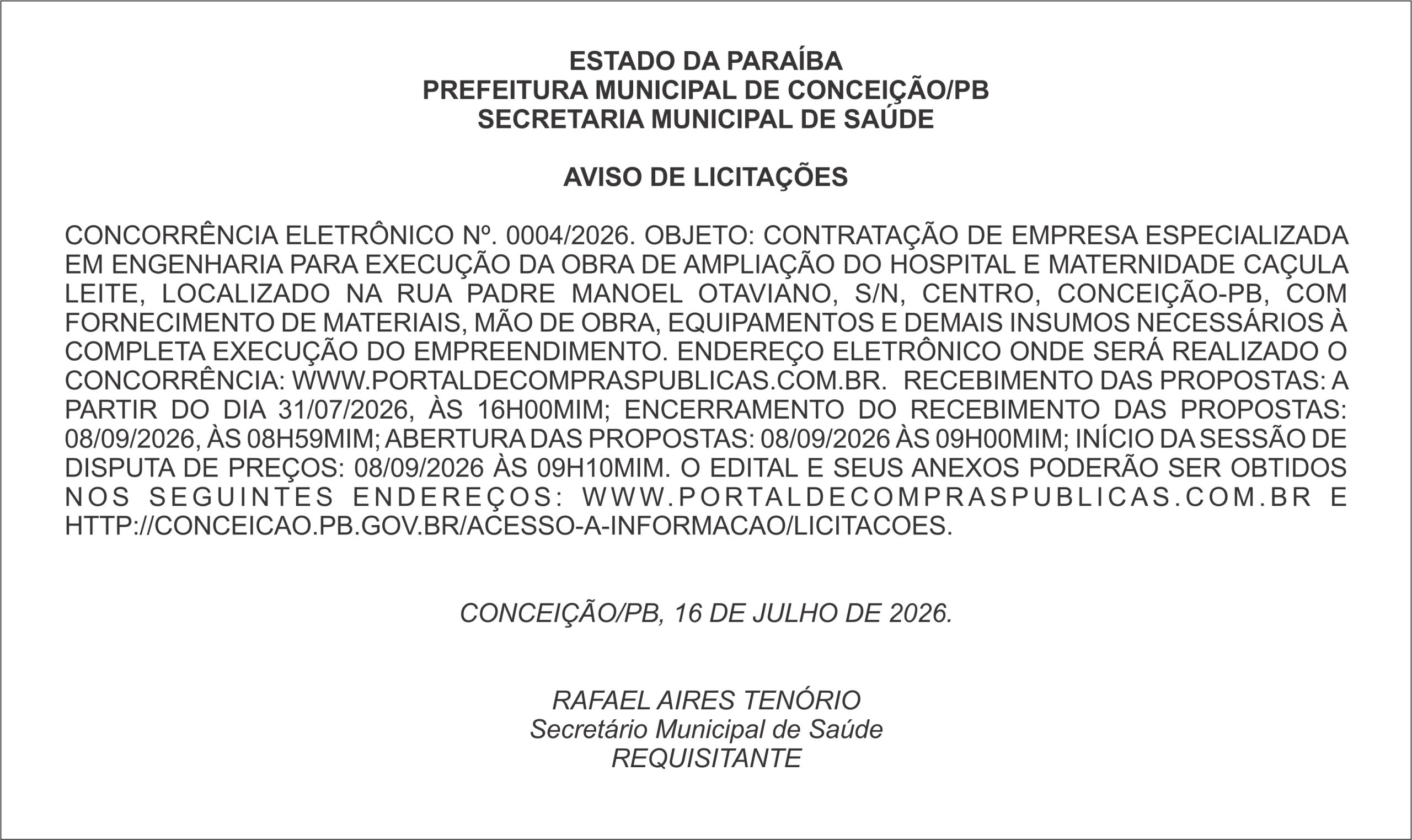 PREFEITURA MUNICIPAL DE CONCEIÇÃO/PB – AVISO DE LICITAÇÕES – CONCORRÊNCIA ELETRÔNICO Nº. 0004/2026
