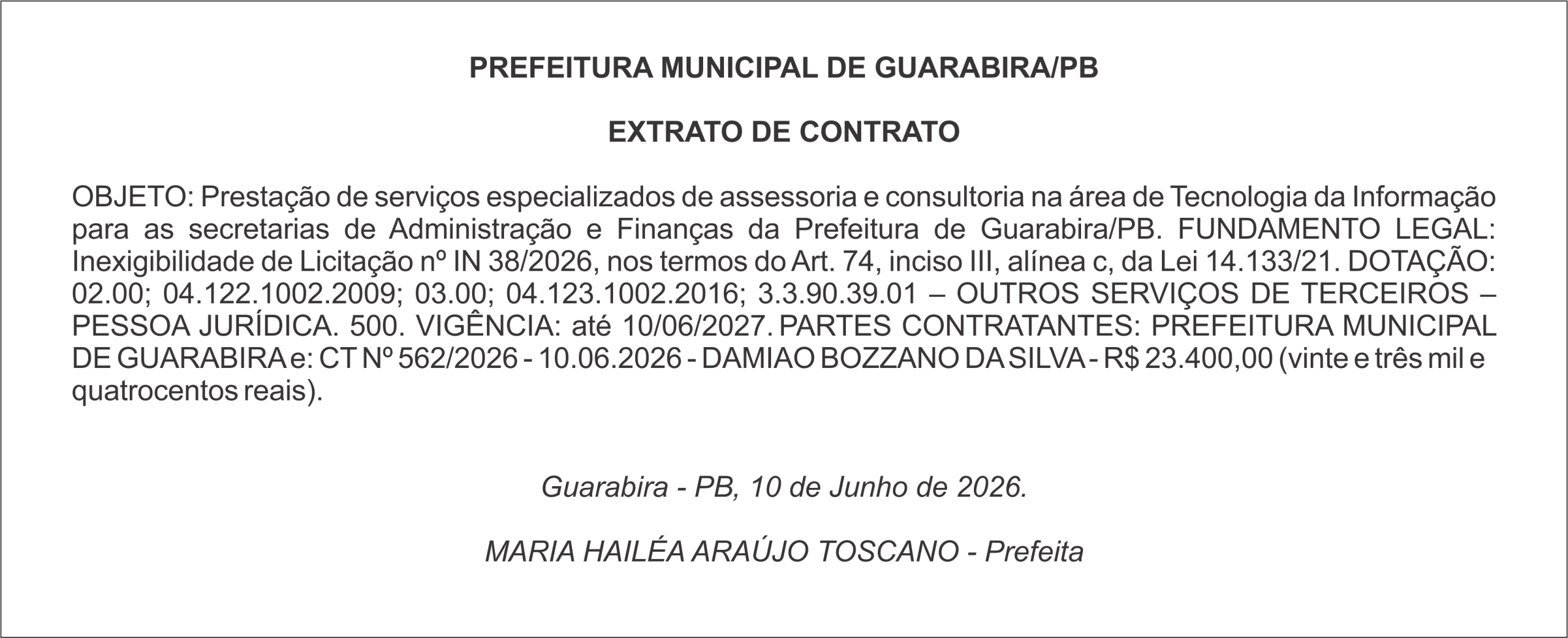 PREFEITURA MUNICIPAL DE GUARABIRA/PB EXTRATO DE CONTRATO