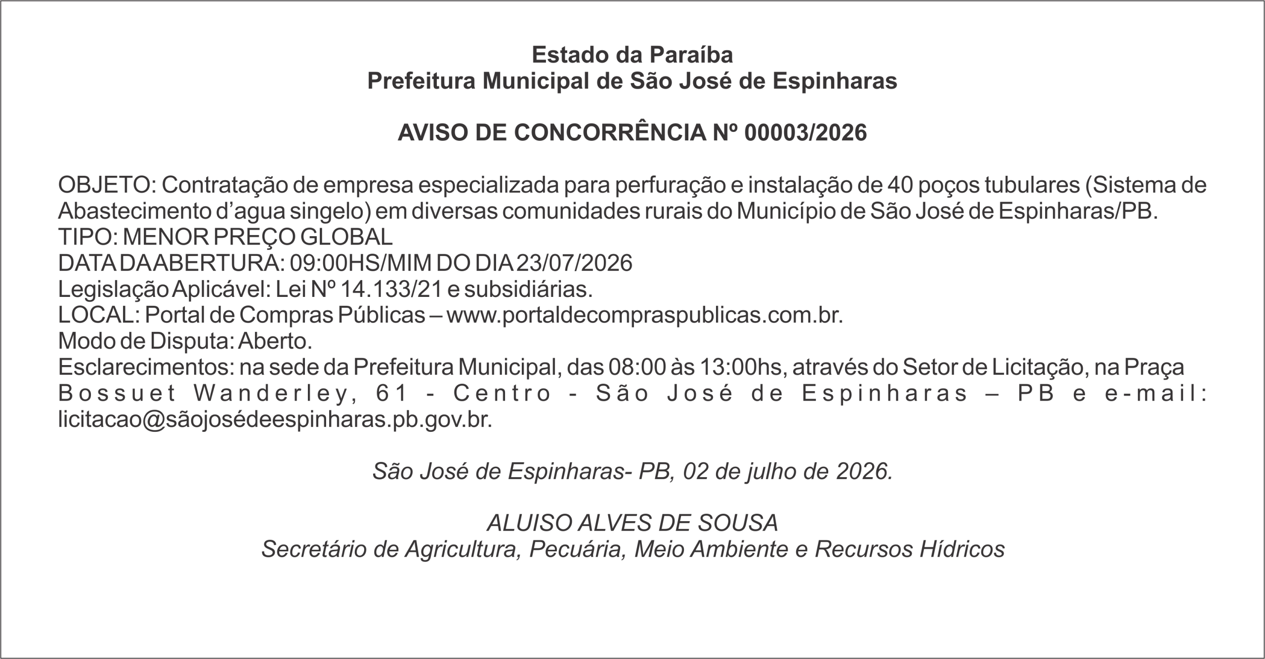 PREFEITURA DE SÃO JOSÉ DE ESPINHARAS – AVISO DE CONCORRÊNCIA Nº 00003/2026