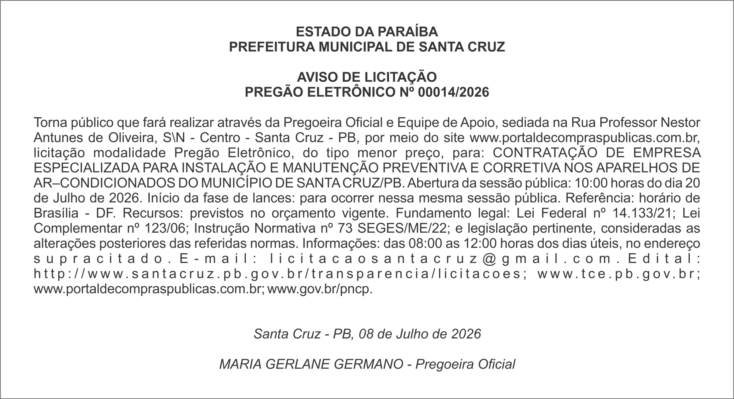 PREFEITURA MUNICIPAL DE SANTA CRUZ – AVISO DE LICITAÇÃO – PREGÃO ELETRÔNICO Nº 00014/2026