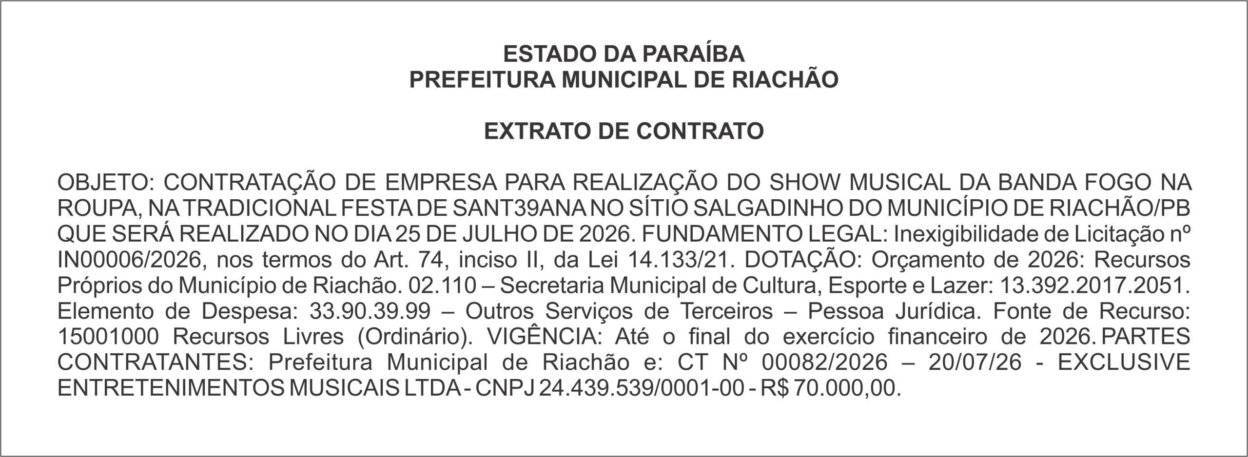PREFEITURA MUNICIPAL DE RIACHÃO – EXTRATO DE CONTRATO