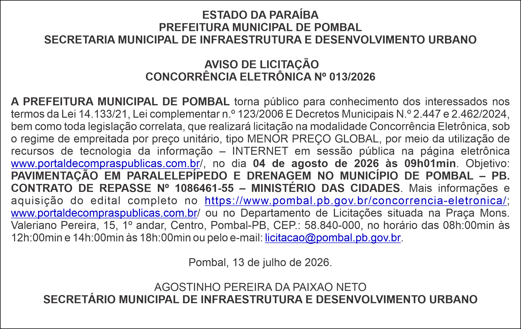 PREFEITURA MUNICIPAL DE POMBAL – SECRETARIA MUNICIPAL DE INFRAESTRUTURA E DESENVOLVIMENTO URBANO – AVISO DE LICITAÇÃO CONCORRÊNCIA ELETRÔNICA Nº 013/2026