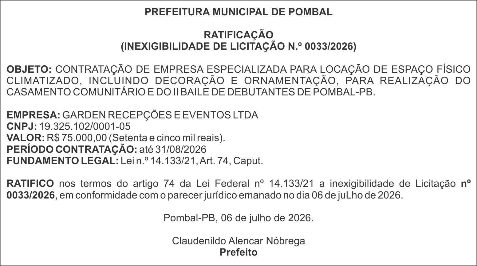 PREFEITURA MUNICIPAL DE POMBAL – RATIFICAÇÃO (INEXIGIBILIDADE DE LICITAÇÃO N.º 0033/2026)