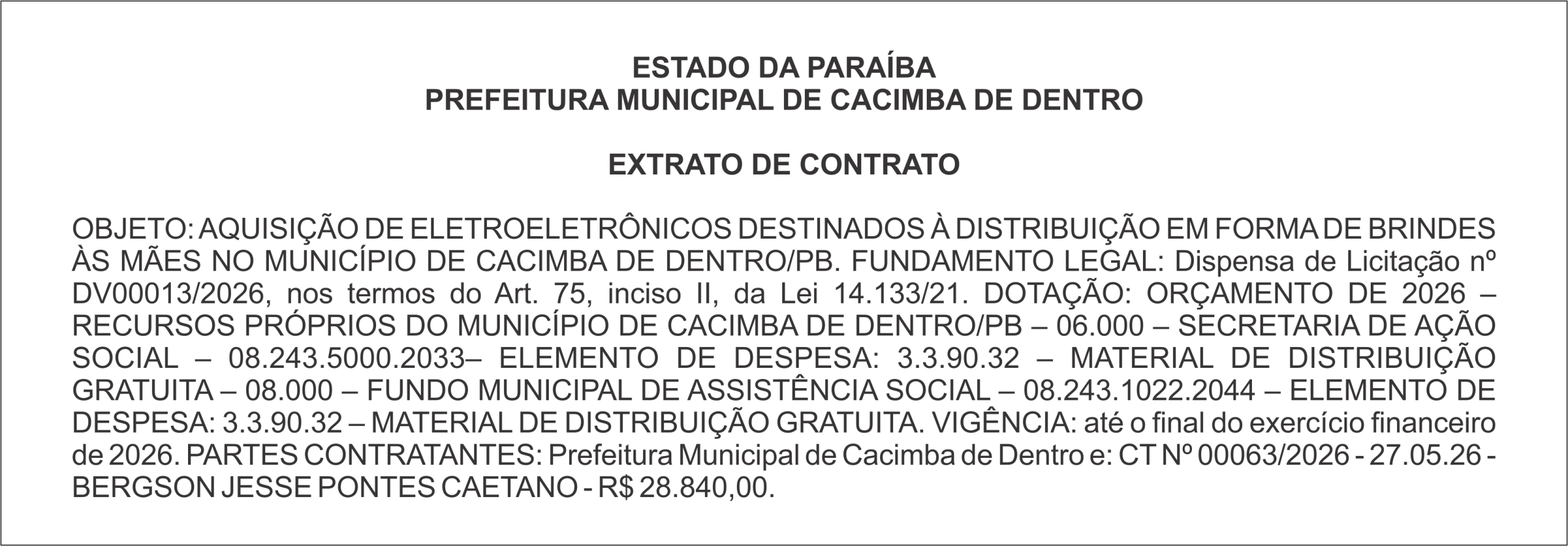 PREFEITURA MUNICIPAL DE CACIMBA DE DENTRO – EXTRATO DE CONTRATO