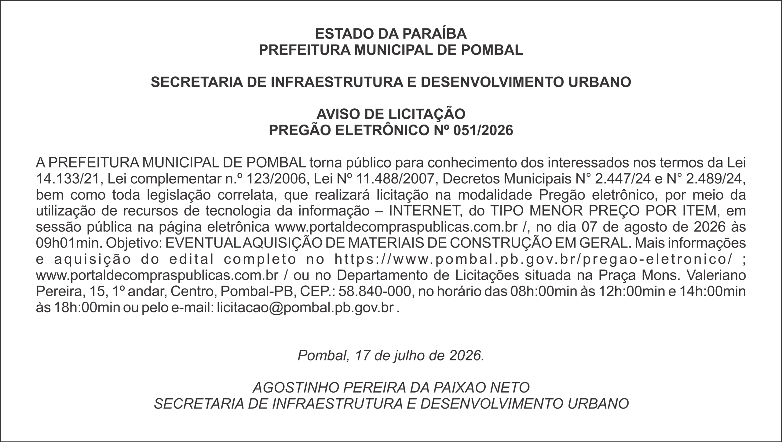 PREFEITURA MUNICIPAL DE POMBAL – AVISO DE LICITAÇÃO – PREGÃO ELETRÔNICO Nº 051/2026