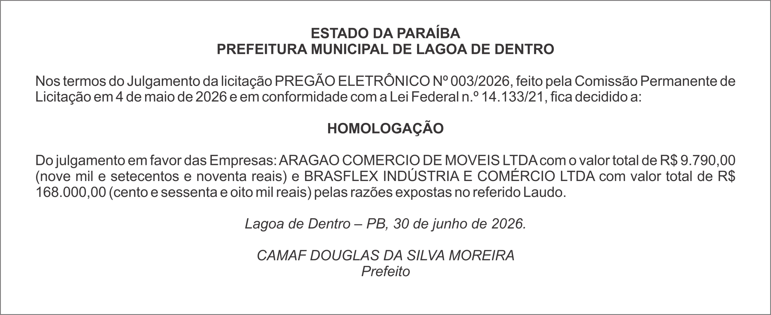 PREFEITURA MUNICIPAL DE LAGOA DE DENTRO – HOMOLOGAÇÃO – PREGÃO ELETRÔNICO Nº 003/2026,