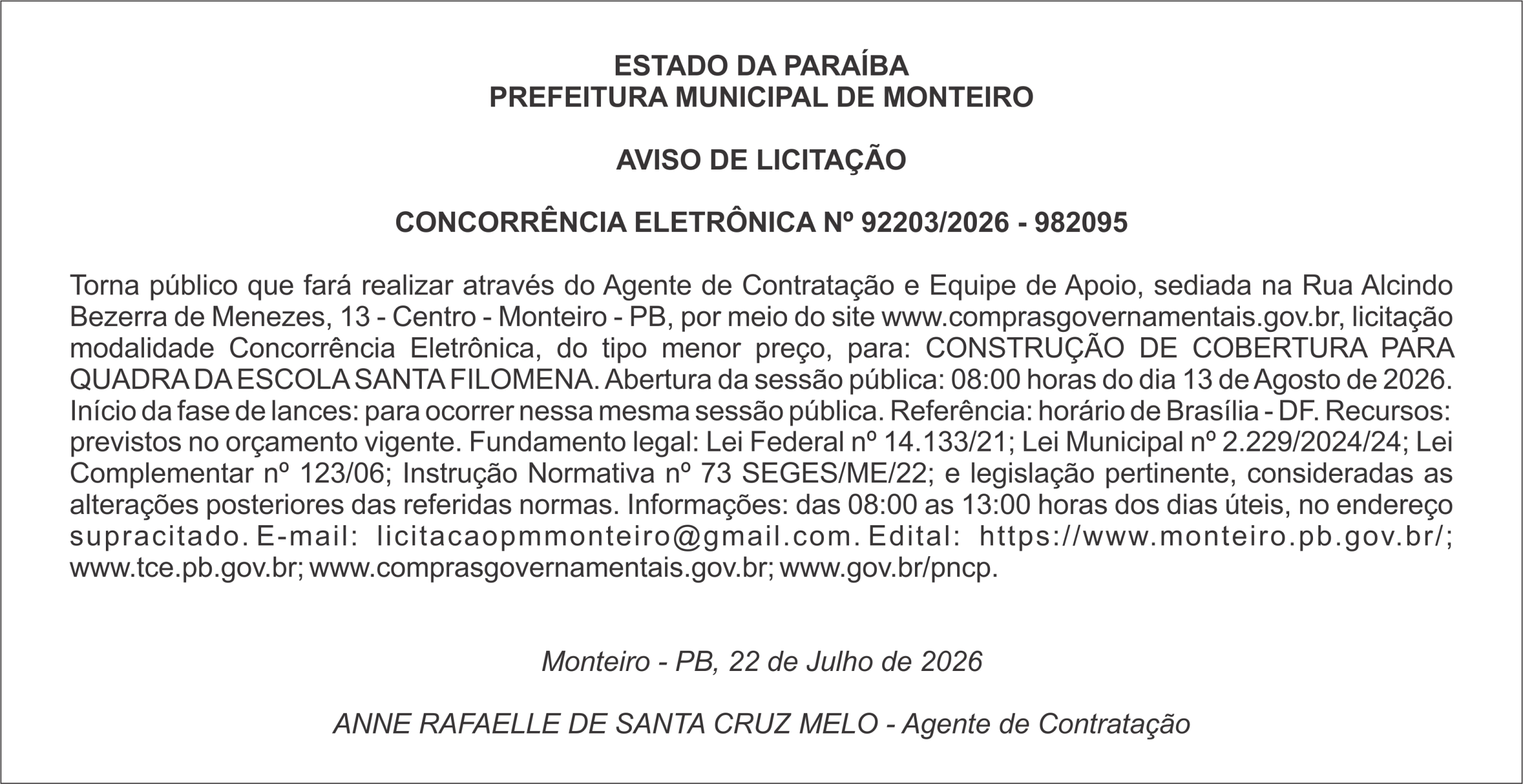 PREFEITURA MUNICIPAL DE MONTEIRO – AVISO DE LICITAÇÃO  CONCORRÊNCIA ELETRÔNICA Nº 92203/2026 – 982095