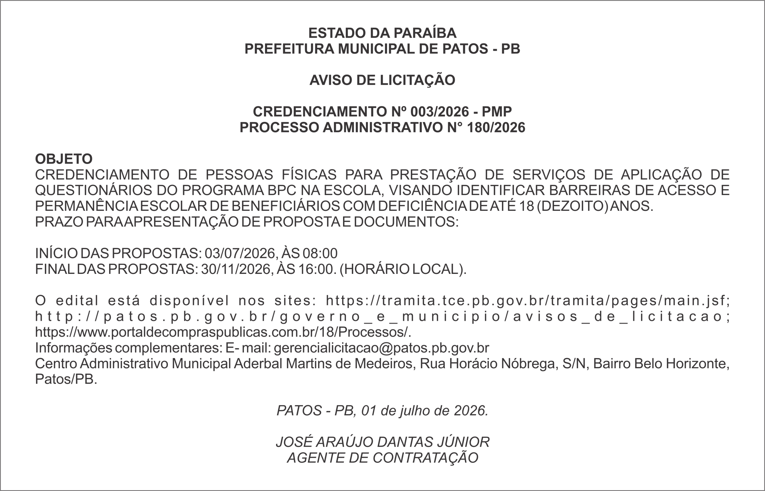 PREFEITURA MUNICIPAL DE PATOS – PB – CREDENCIAMENTO Nº 003/2026 – PMP