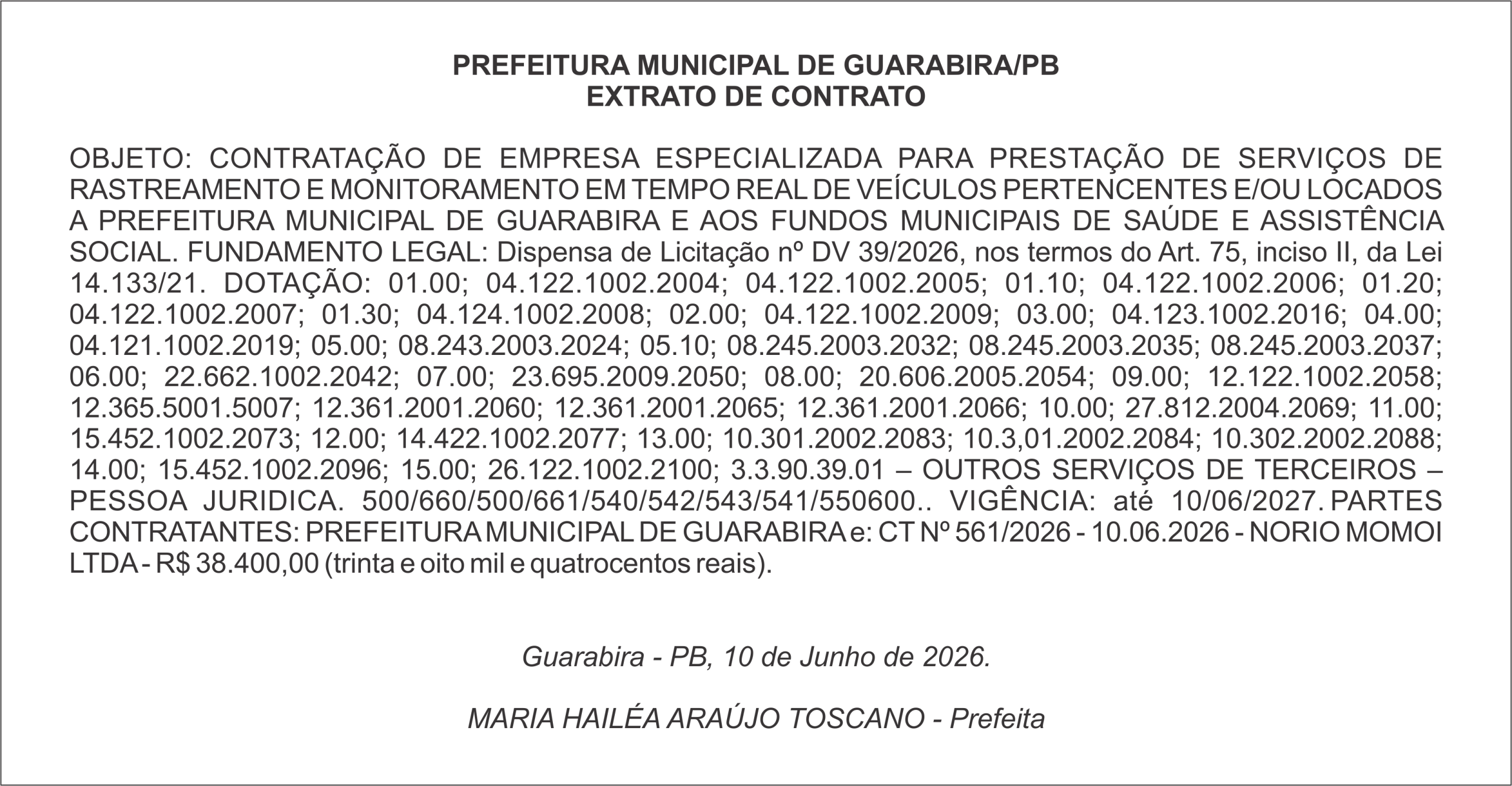 PREFEITURA MUNICIPAL DE GUARABIRA/PB EXTRATO DE CONTRATO