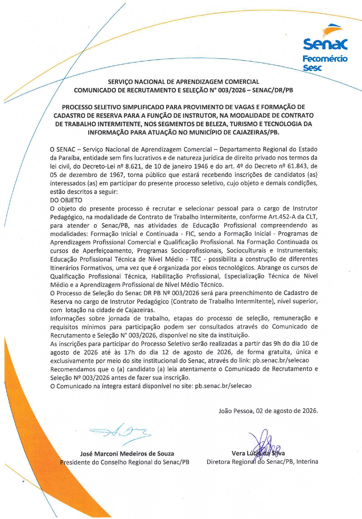 SENAC- COMUNICADO DE RECRUTAMENTO E SELEÇÃO N° 003/2026