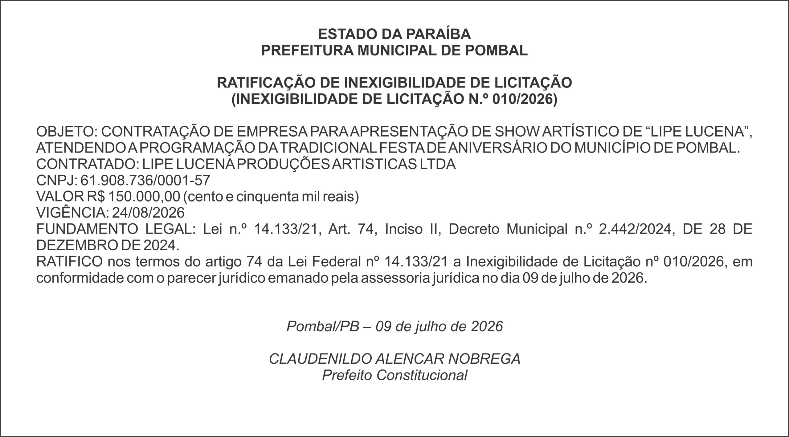 PREFEITURA MUNICIPAL DE POMBAL – RATIFICAÇÃO DE INEXIGIBILIDADE DE LICITAÇÃO (INEXIGIBILIDADE DE LICITAÇÃO N.º 010/2026)