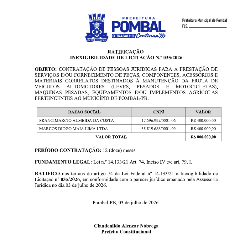 PREFEITURA MUNICIPAL DE POMBAL – RATIFICAÇÃO – INEXIGIBILIDADE DE LICITAÇÃO N.º 035/2026