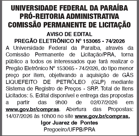 UNIVERSIDADE FEDERAL DA PARAIBA – PREGÃO ELETRÔNICO No 153065 – 74/2026