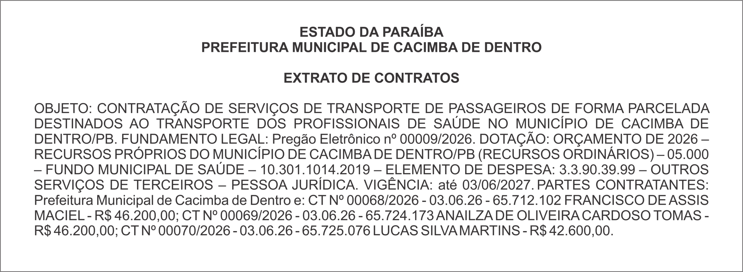 PREFEITURA MUNICIPAL DE CACIMBA DE DENTRO – EXTRATO DE CONTRATOS
