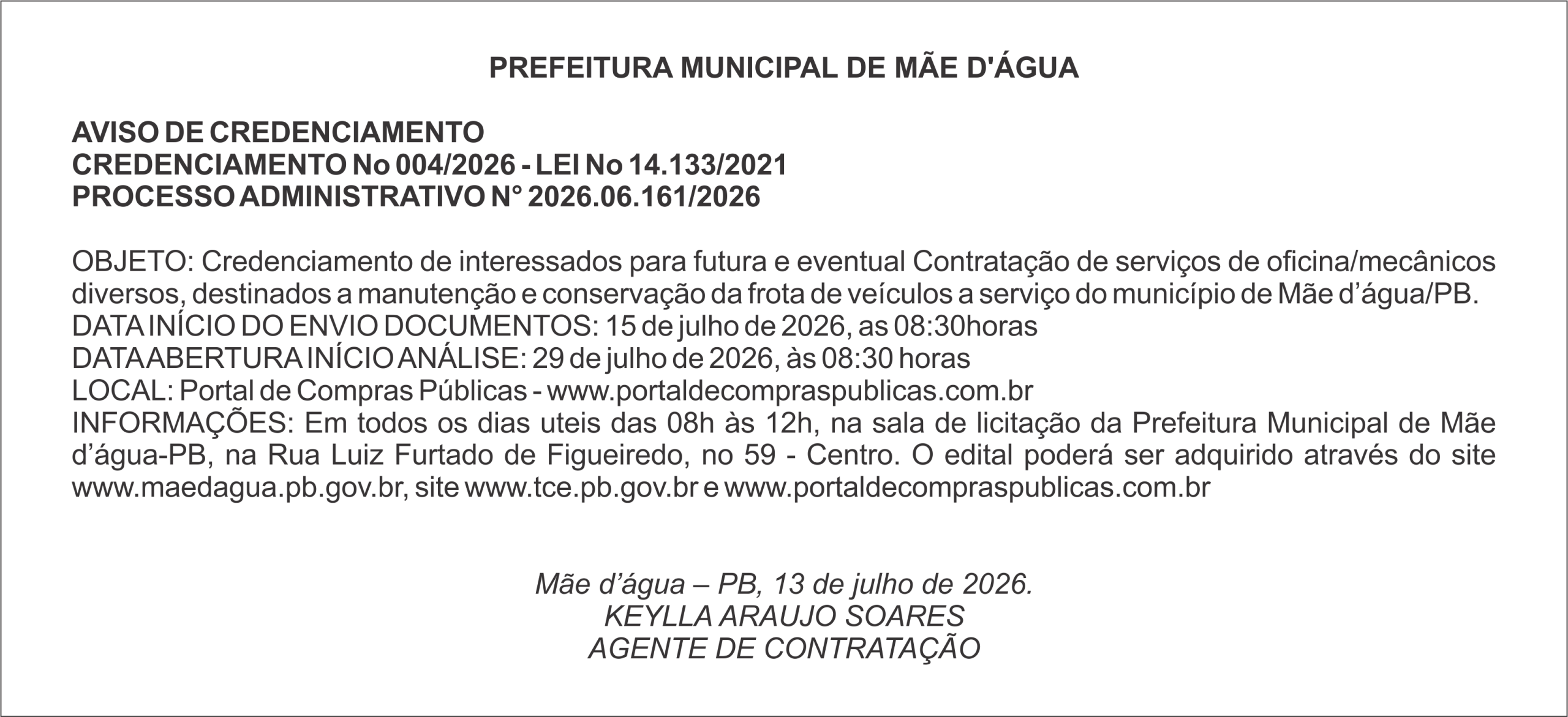 PREFEITURA MUNICIPAL DE MÃE D’ÁGUA – AVISO DE CREDENCIAMENTO – CREDENCIAMENTO No 004/2026