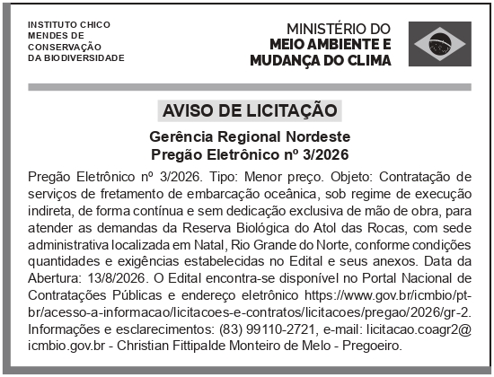 ICMBIO – DF – SEDE – Pregão Eletrônico n° 3/2026- Gerência Regional 2