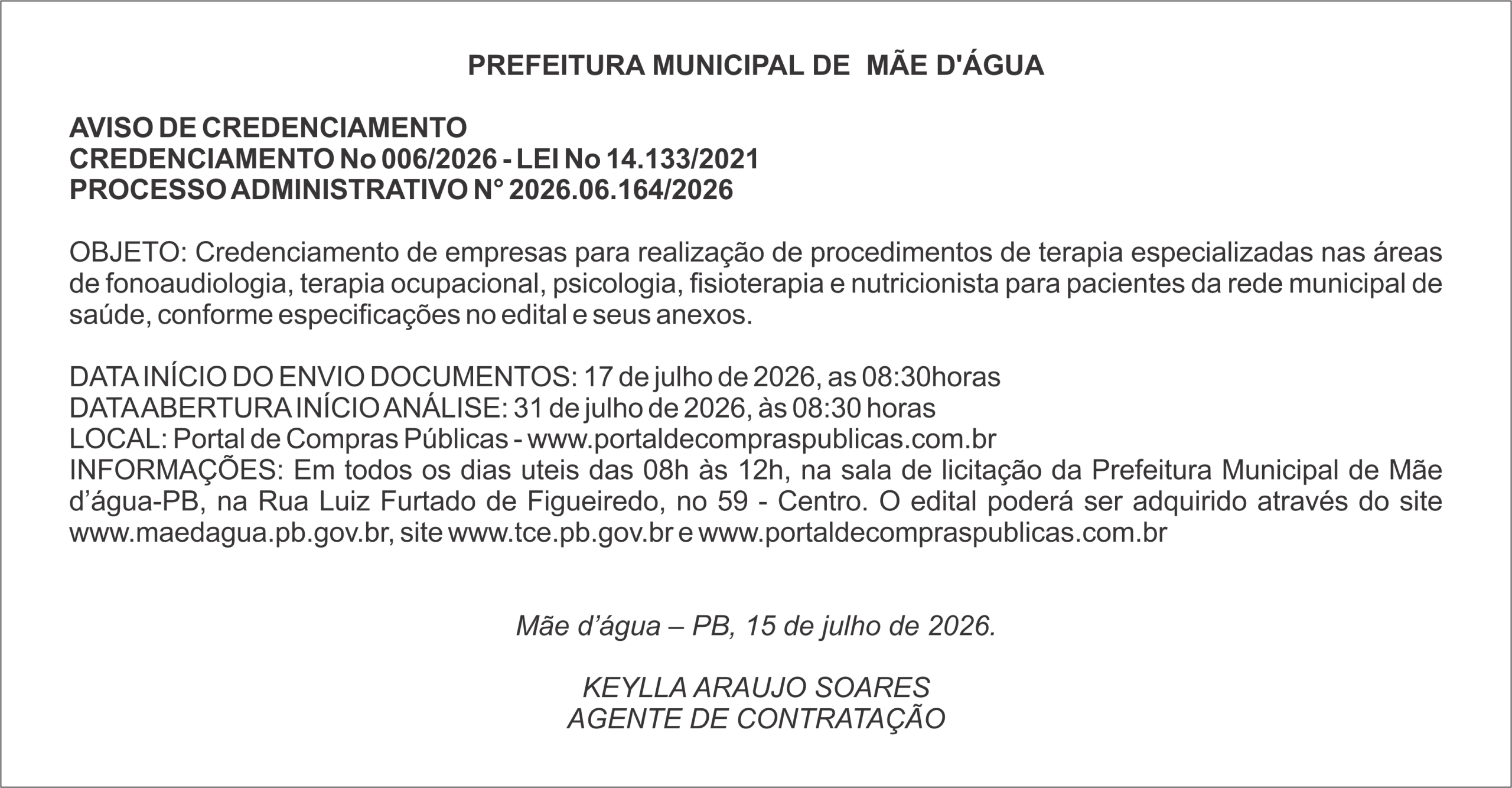PREFEITURA MUNICIPAL DE MÃE D’ÁGUA – AVISO DE CREDENCIAMENTO – CREDENCIAMENTO No 006/2026