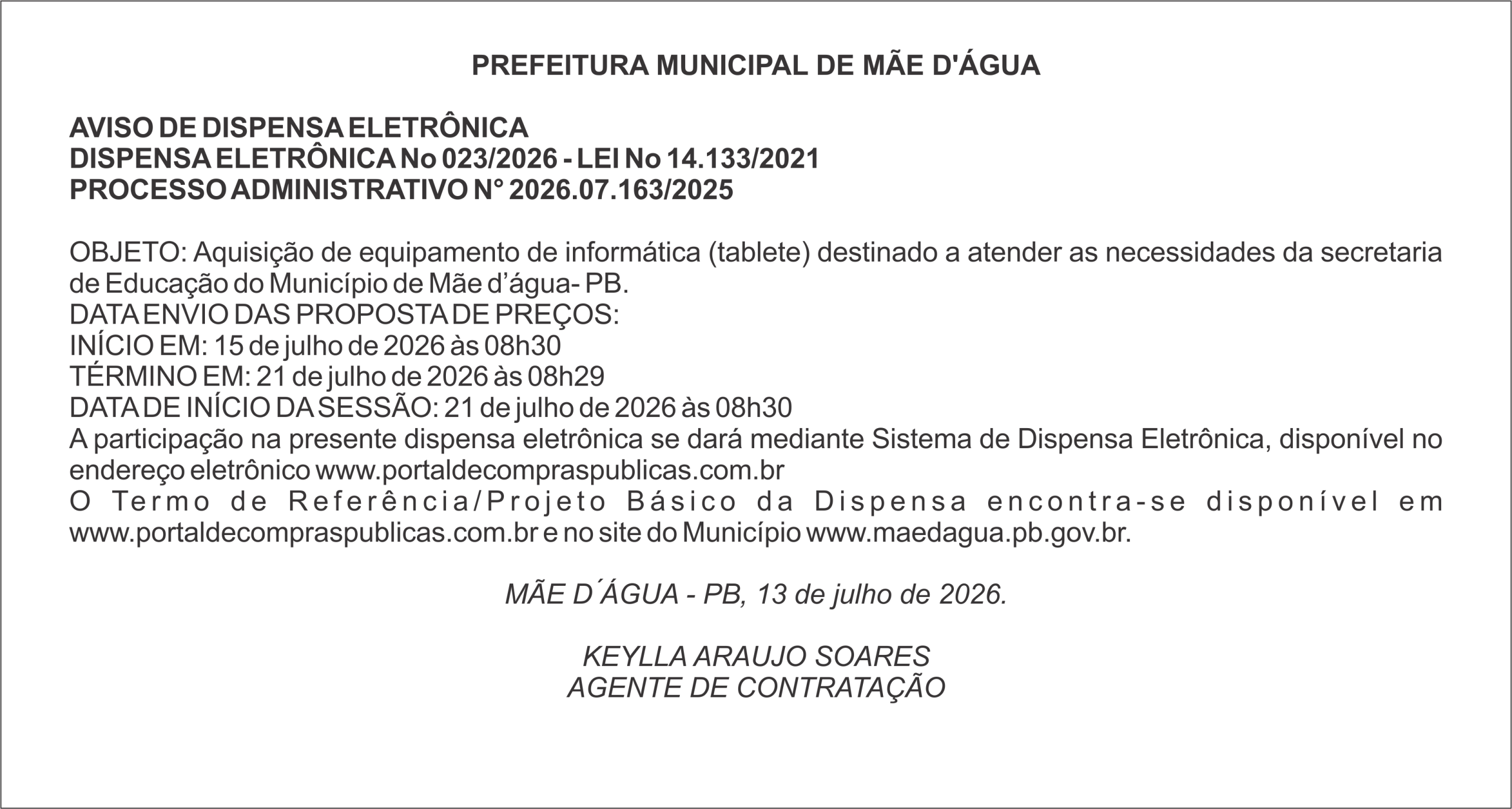 PREFEITURA MUNICIPAL DE MÃE D’ÁGUA – AVISO DE DISPENSA ELETRÔNICA – DISPENSA ELETRÔNICA No 023/2026