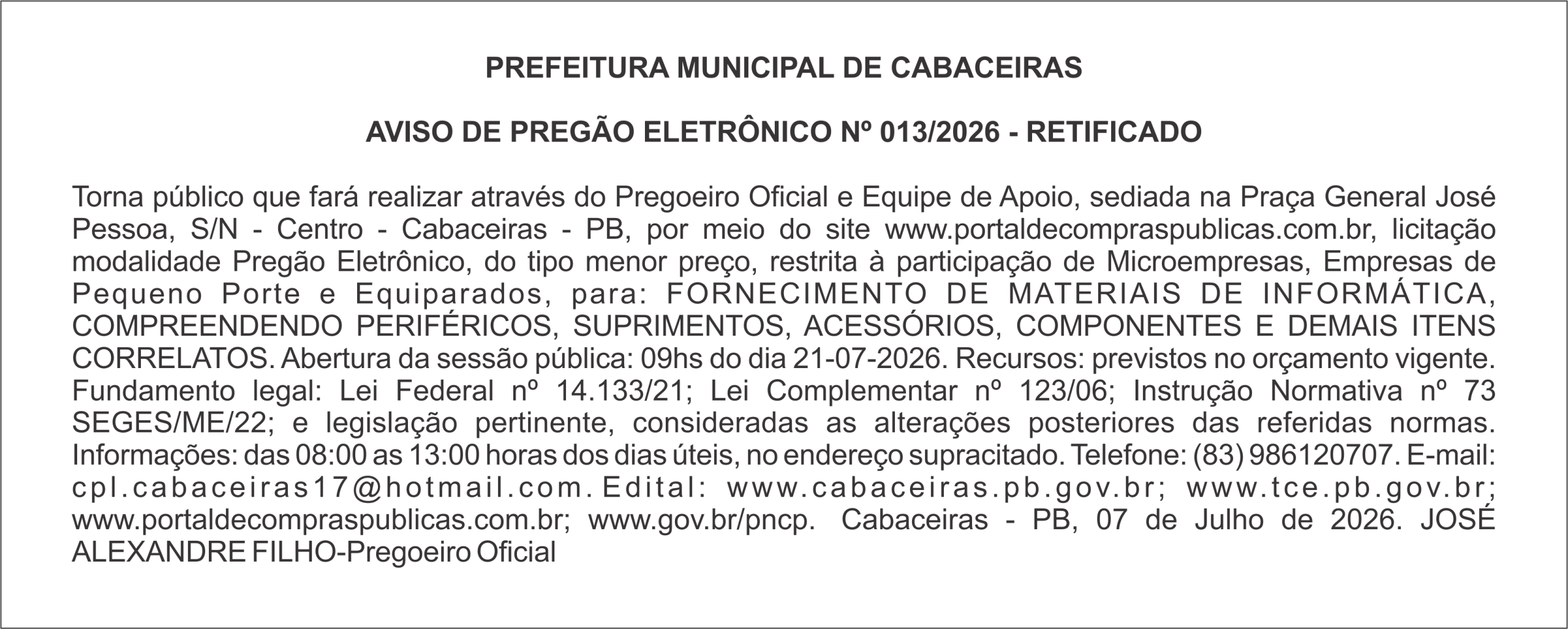 PREFEITURA MUNICIPAL DE CABACEIRAS – AVISO DE PREGÃO ELETRÔNICO Nº 013/2026 – RETIFICADO