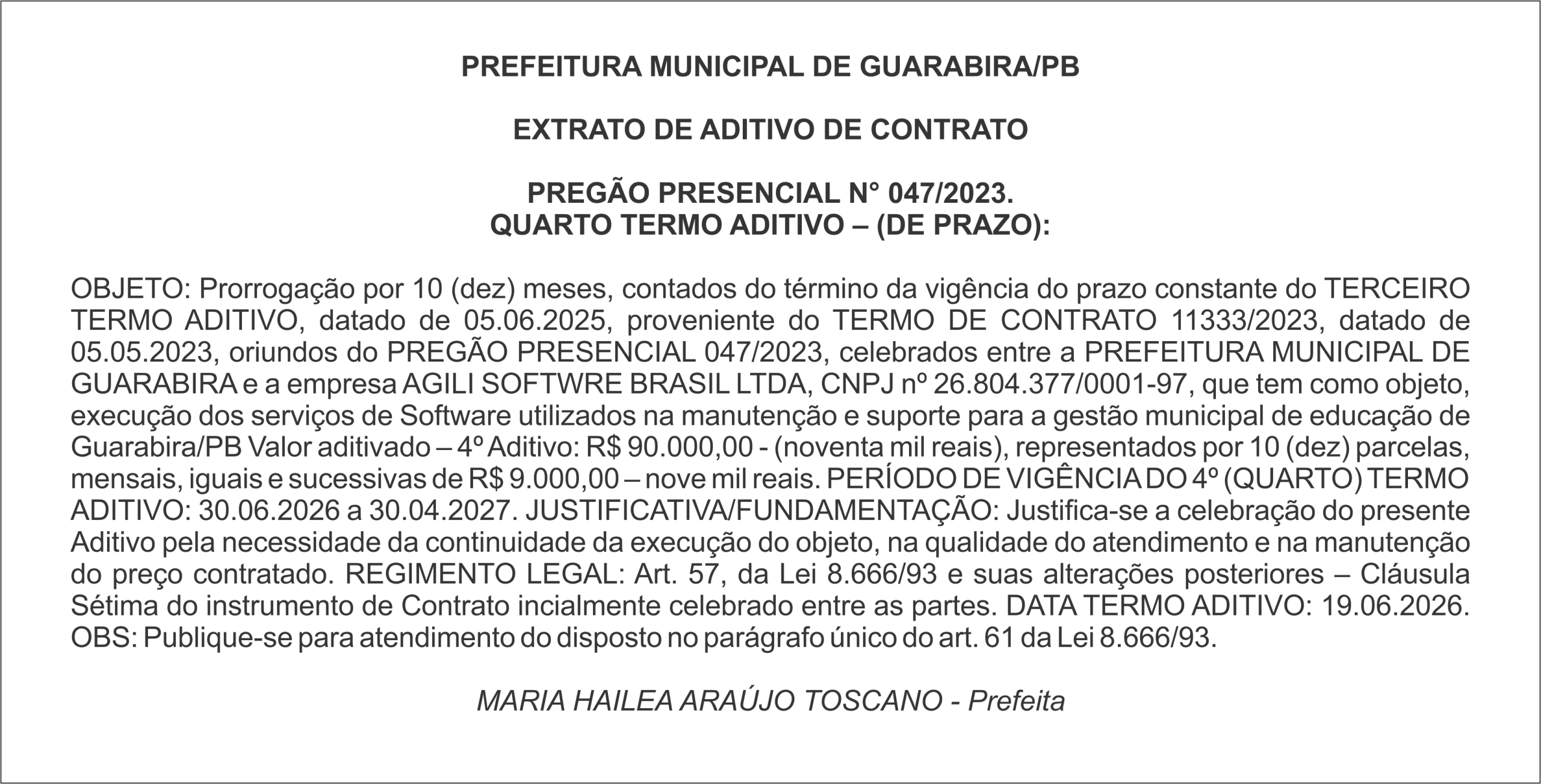 PREFEITURA MUNICIPAL DE GUARABIRA/PB – EXTRATO DE ADITIVO DE CONTRATO PREGÃO PRESENCIAL N° 047/2023
