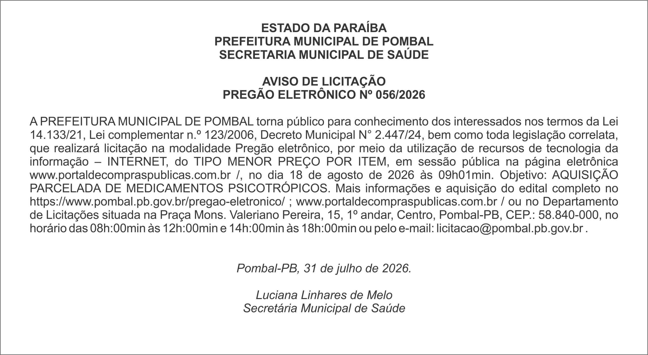 PREFEITURA MUNICIPAL DE POMBAL – AVISO DE LICITAÇÃO PREGÃO ELETRÔNICO Nº 056/2026