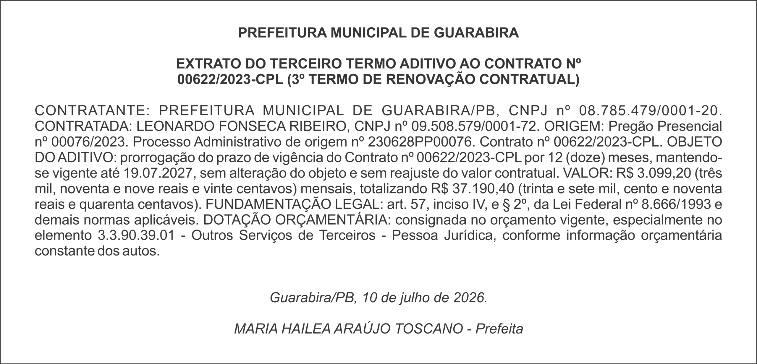 PREFEITURA MUNICIPAL DE GUARABIRA – EXTRATO DO TERCEIRO TERMO ADITIVO AO CONTRATO Nº 00622/2023-CPL (3º TERMO DE RENOVAÇÃO CONTRATUAL)