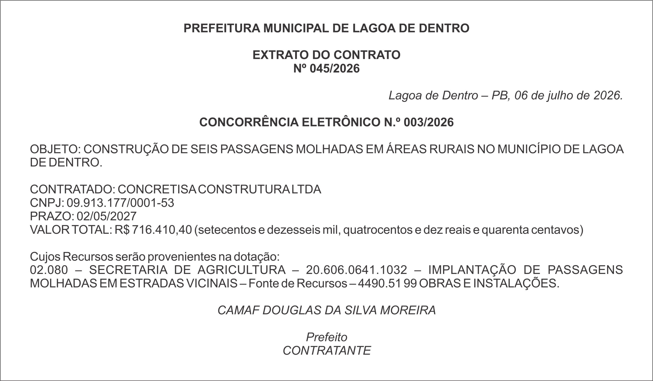 PREFEITURA MUNICIPAL DE LAGOA DE DENTRO – EXTRATO DO CONTRATO Nº 045/2026 – CONCORRÊNCIA ELETRÔNICA N.º 003/2026