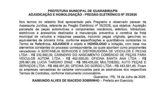 PREFEITURA MUNICIPAL DE GUARABIRA/PB – ADJUDICAÇÃO E HOMOLOGAÇÃO – PREGÃO ELETRÔNICO Nº 35/2026