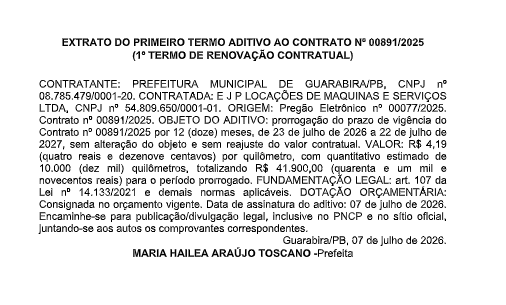 PREFEITURA MUNICIPAL DE GUARABIRA/PB – EXTRATO DO PRIMEIRO TERMO ADITIVO AO CONTRATO Nº 00891/2025  (1º TERMO DE RENOVAÇÃO CONTRATUAL)