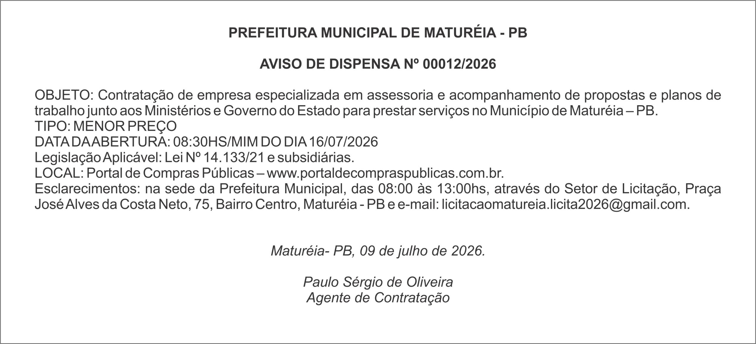 PREFEITURA MUNICIPAL DE MATURÉIA – PB – AVISO DE DISPENSA Nº 00012/2026