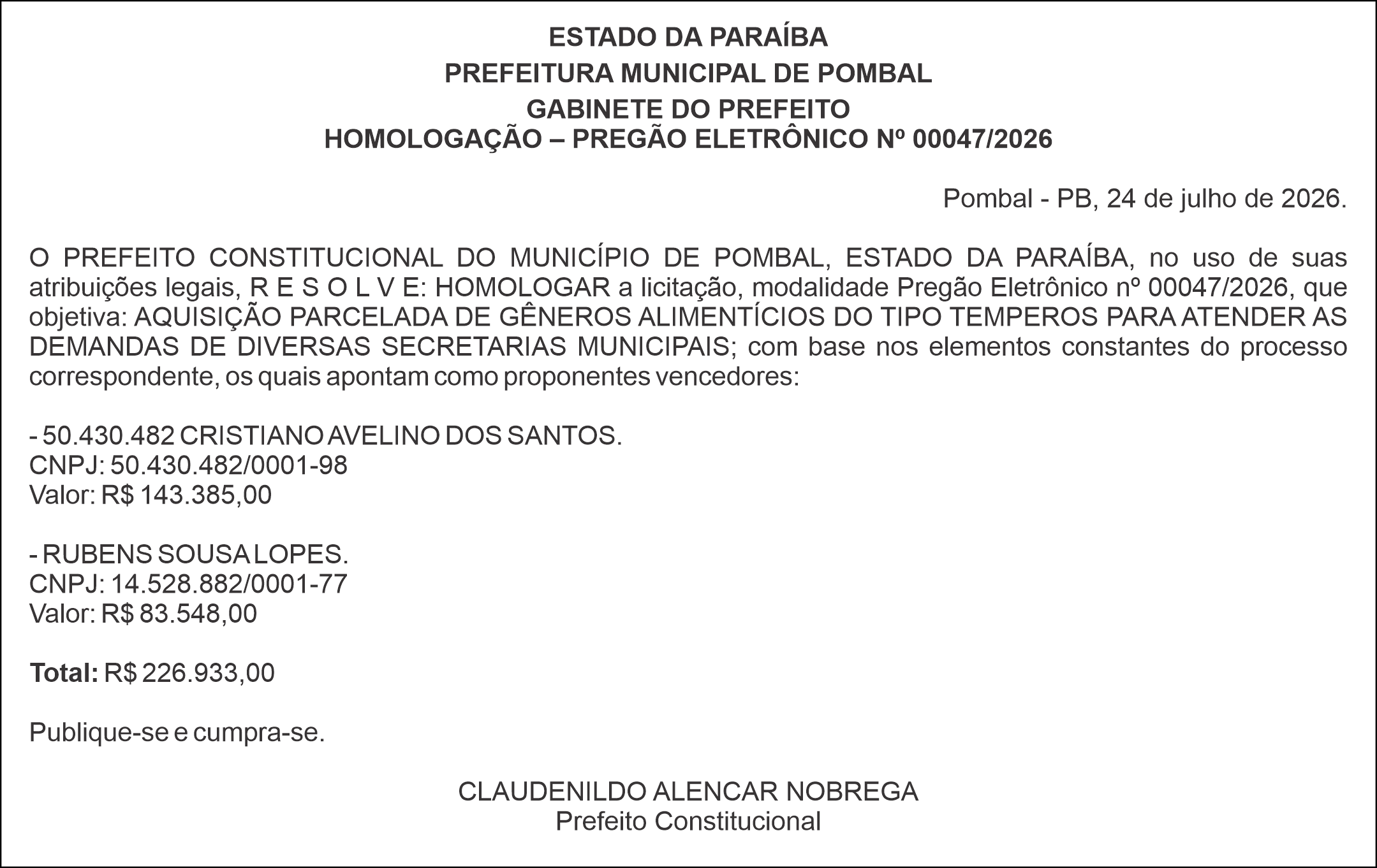 PREFEITURA MUNICIPAL DE POMBAL – HOMOLOGAÇÃO – PREGÃO ELETRÔNICO Nº 00047/2026