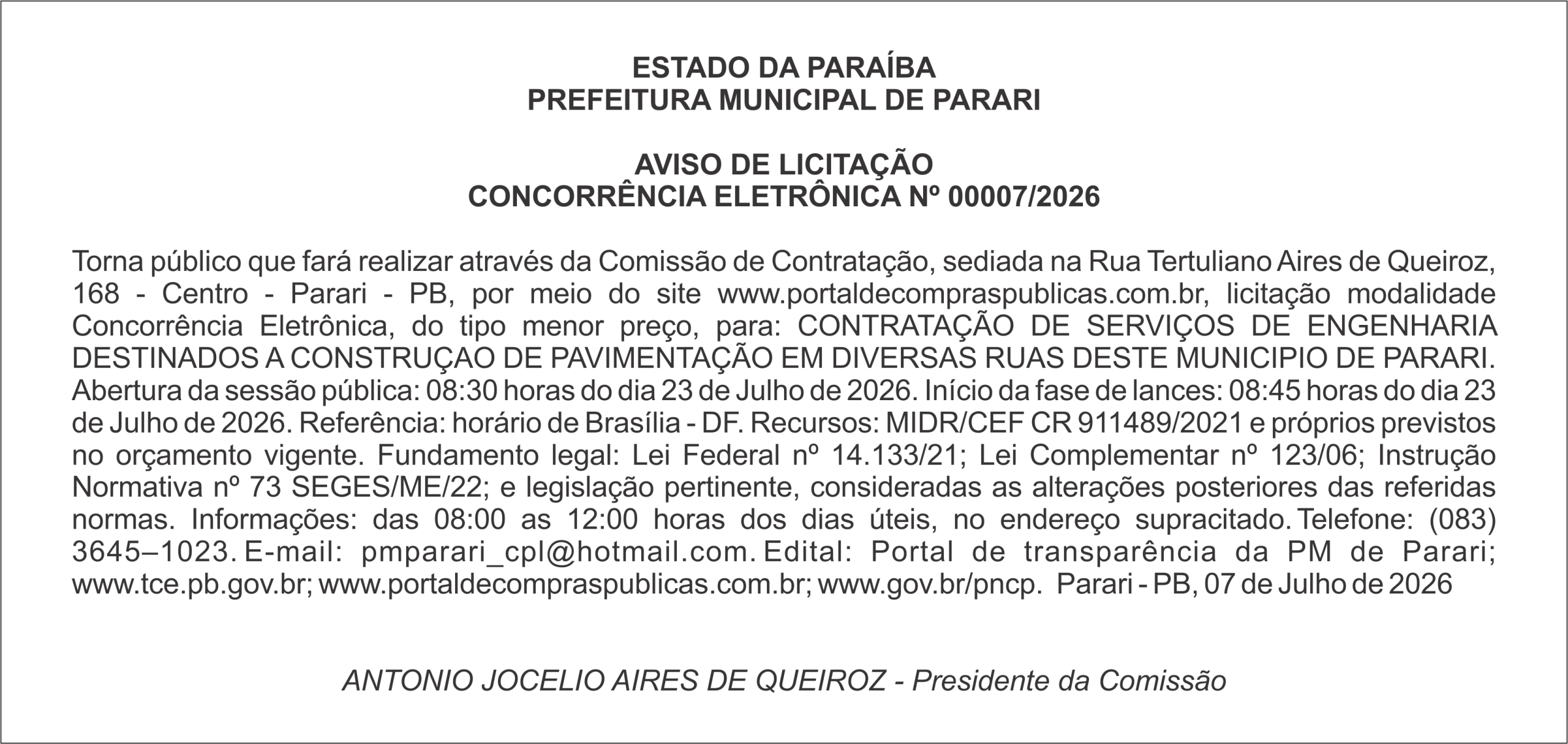 PREFEITURA MUNICIPAL DE PARARI – AVISO DE LICITAÇÃO – CONCORRÊNCIA ELETRÔNICA Nº 00007/2026